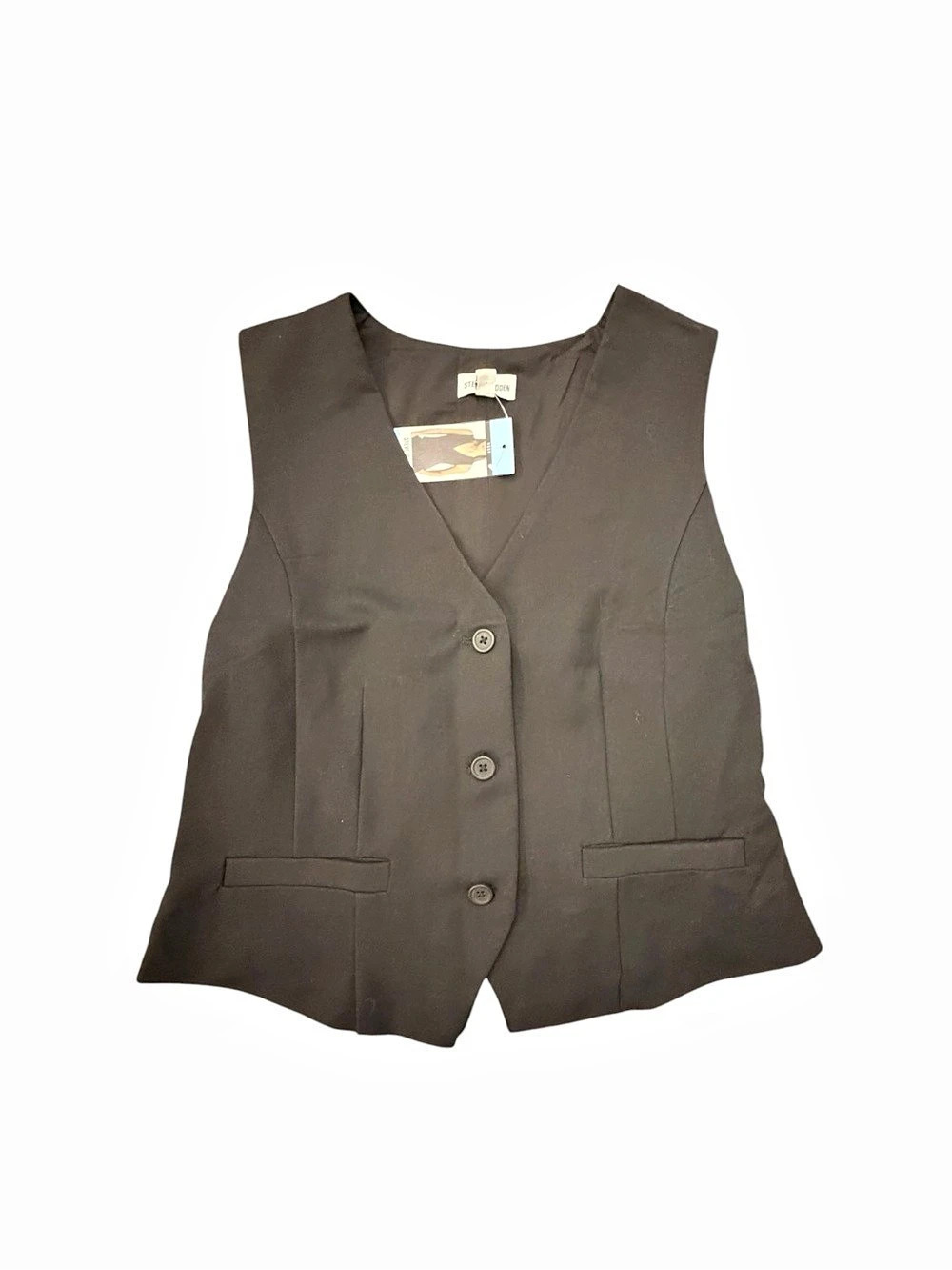 Steve Madden Black Vest Women Large Sleeveless Button Front Tailored Preppy NEW